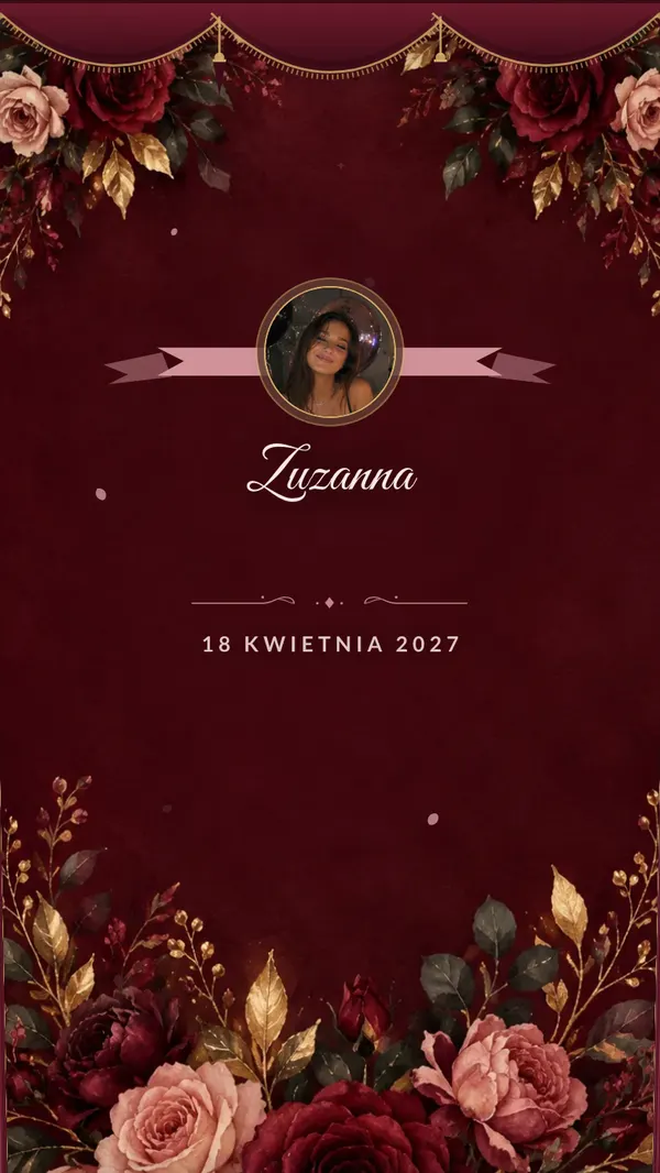 Motyw zaproszenia na osiemnastkę „Bordowe róże” — akwarela