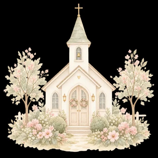 Akwarelowy kościół otoczony pastelową zielenią
