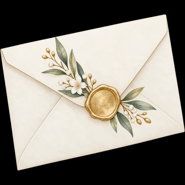 Aquarell eines Umschlags mit goldenem Siegel und Olivenzweig