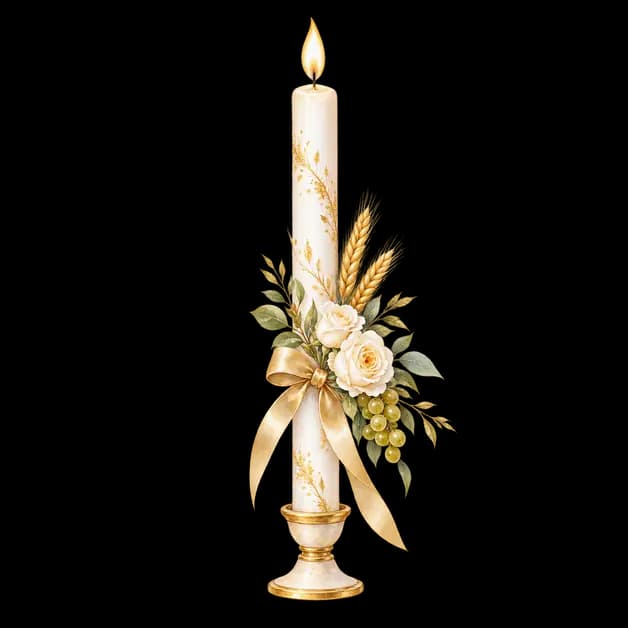Watercolor First Communion candle tied with a gold ribbon, with stalks of wheat and white roses