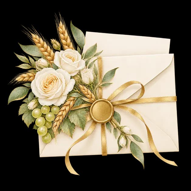 Watercolor envelope with a gold seal, with stalks of wheat and white roses