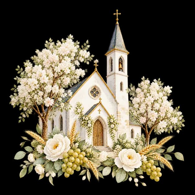 Watercolor white church among blossoming trees