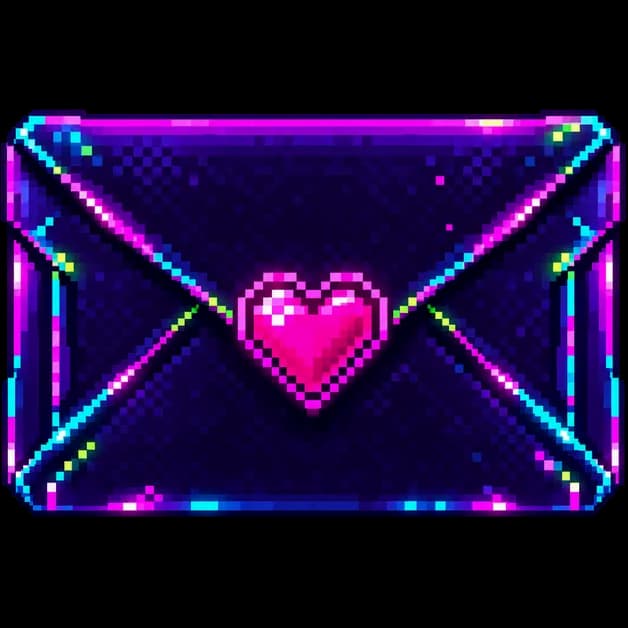 Sobre de neón en estilo pixel art con un corazoncito rosa