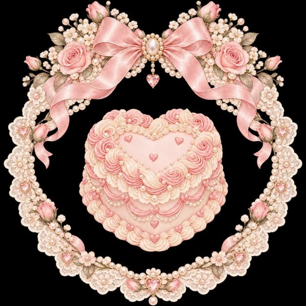 Tarta rosa en forma de corazón en acuarela, con una corona de rosas, perlitas y un lazo