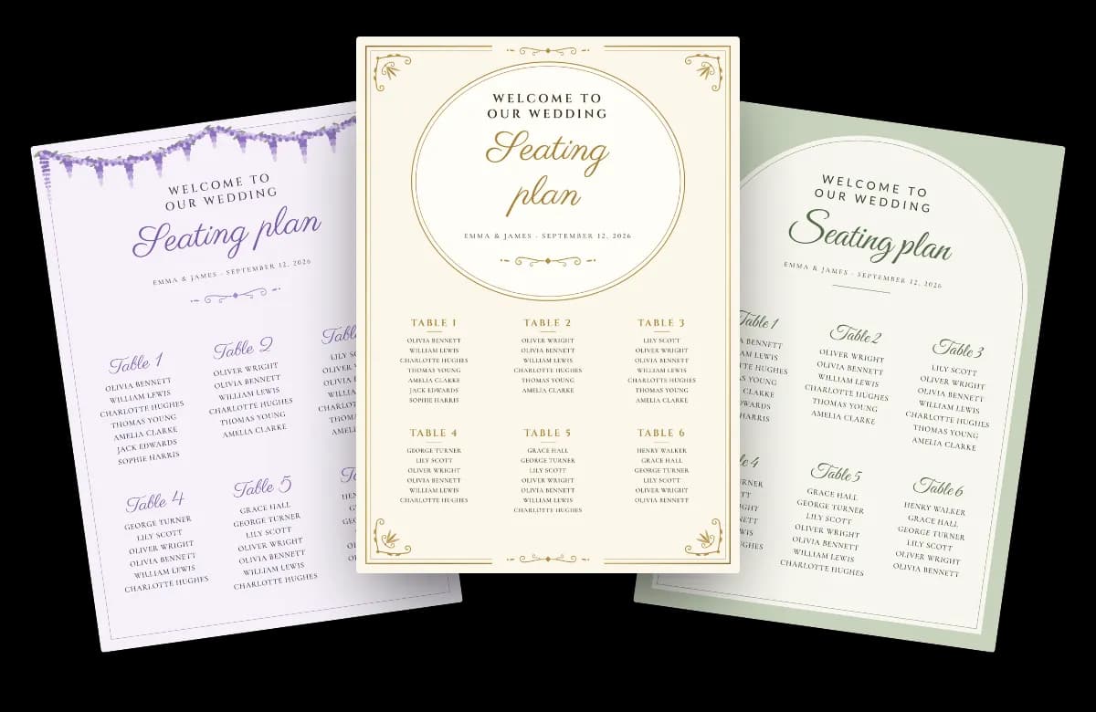 Three sample seating chart boards: wisteria, palace gold and sage arch