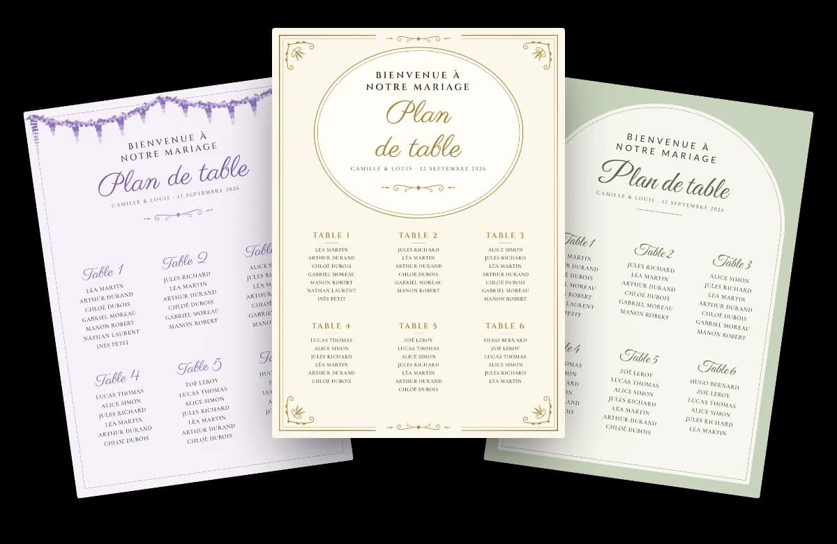 Trois exemples de plans de table : glycine, or de palais et arche sauge